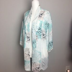 Floral sheer kimono with pom poms
